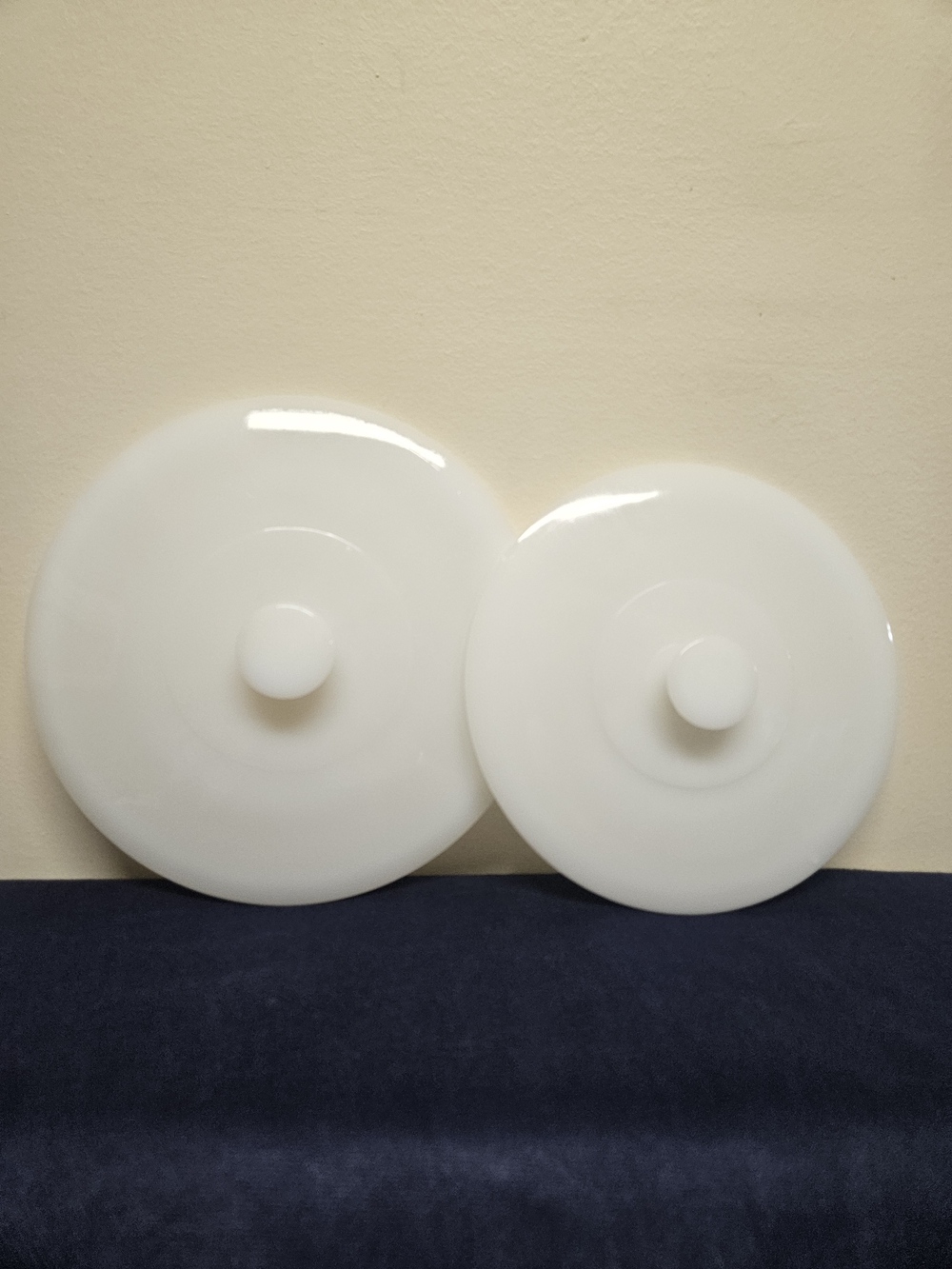 Anchor Hocking White Milk Glass Lids Pair 8" & 8.5" Vintage Replacement